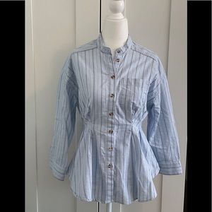 Anthropology Maeve Sz S Cotton Peplum Button Front Blue Shirt